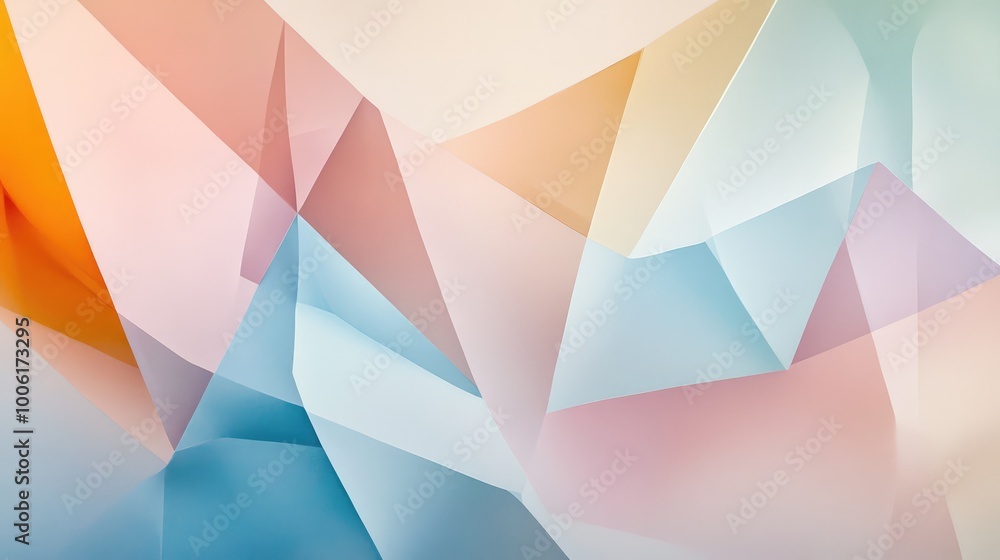 Poster abstract polygonal shapes in muted pastel colors layered against a white background, creating a soft
