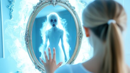 person looking into a mirror, seeing a ghostly figure behind them, filled with shock and terror
