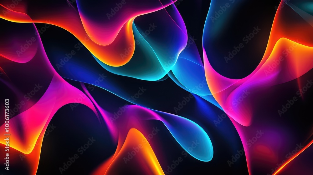 Poster abstract shapes in vibrant neon colors over a black background, with sharp edges and smooth gradient