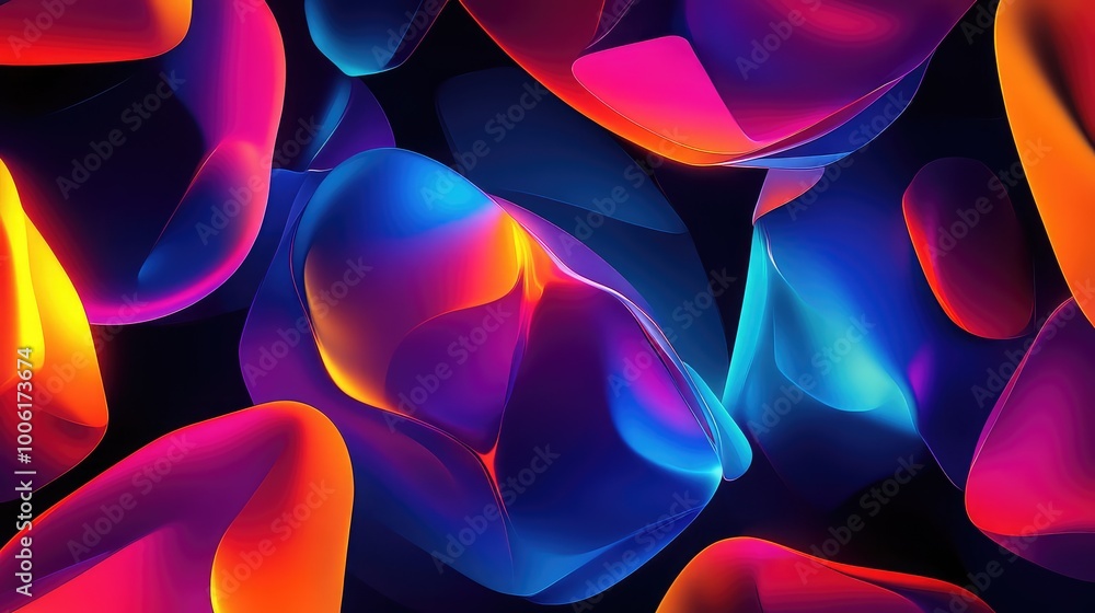 Poster abstract shapes in vibrant neon colors over a black background, with sharp edges and smooth gradient