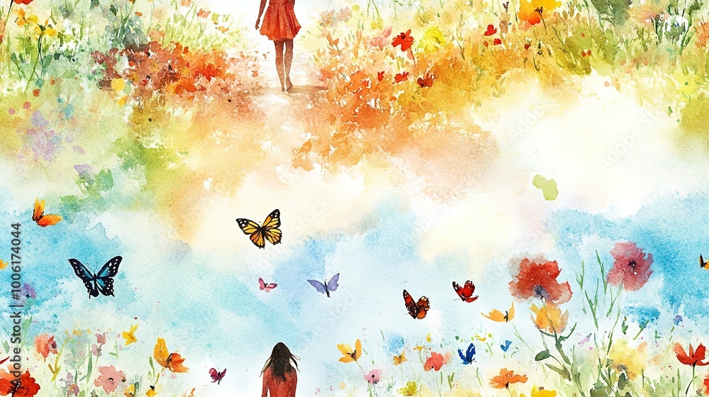 Wall mural Watercolor painting of a woman walking on a path through a field of flowers and butterflies, conveying hope and inspiration. 