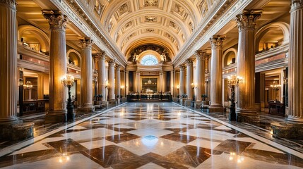 Obraz premium A grand interior featuring ornate architecture, tall columns, and a polished marble floor, evoking elegance and history.