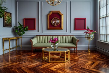 An artistic living room with cherry wood flooring, pearl grey walls, and a sage green sofa A hexagonal brass coffee table, crimson frames, and orchids A vintage glass globe chandelier