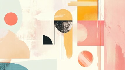 Abstract supplies floating in an asymmetrical layout, rendered in soft colors and clean lines, creating a minimalist, artistic scene.