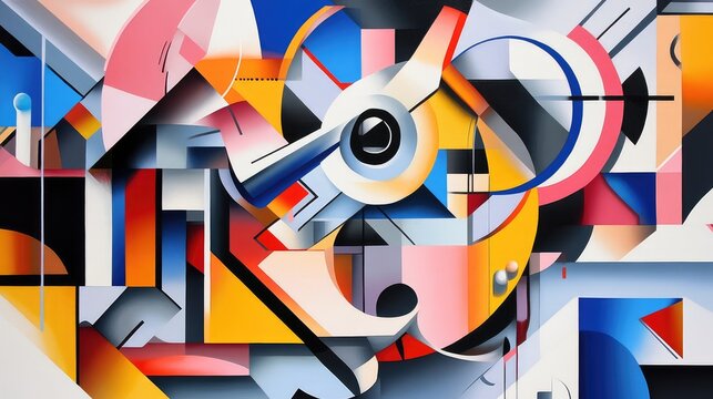Abstract supplies form an interwoven web of shapes and forms, each tool represented by simple blocks and curves in a dynamic layout.