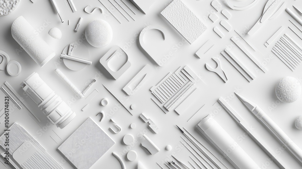 Poster abstract supplies in monochromatic shades, where simple lines and shapes represent tools, all floati