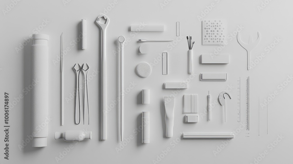 Poster abstract supplies in monochromatic shades, where simple lines and shapes represent tools, all floati