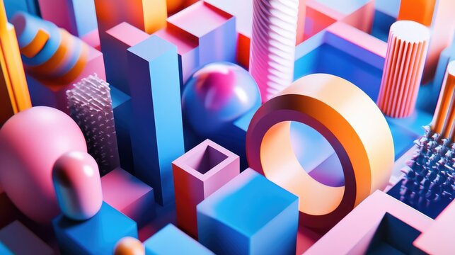 Abstract supplies form an interwoven web of shapes and forms, each tool represented by simple blocks and curves in a dynamic layout.