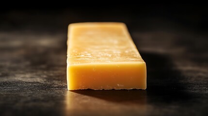 Minimalist image of a thin slice of Monterey Jack cheese, softly illuminated on a deep dark background. Gentle light from above, soft shadows, high contrast, isolated subject, creamy yellow hue,