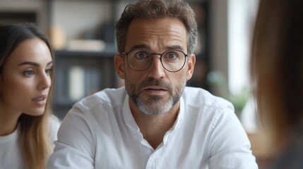 Fototapeta premium A man with glasses is looking at two women
