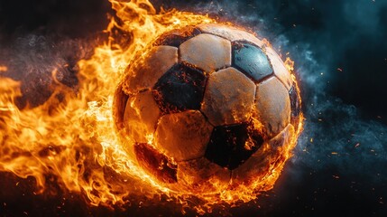 Naklejka premium Soccer Ball Engulfed in Flames in Dramatic Fiery Motion