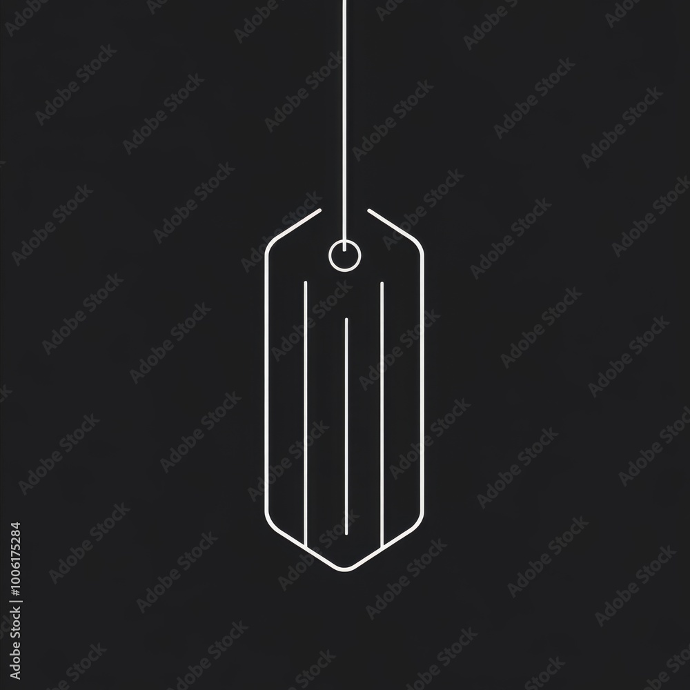 Poster a black and white image of a tag with the letter m on it. the tag is hanging from a string
