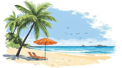 Naklejka premium Tropical beach scene with palm trees, sandy shore, umbrella, and blue ocean under a clear sky, summer vacation illustration. on white background 
