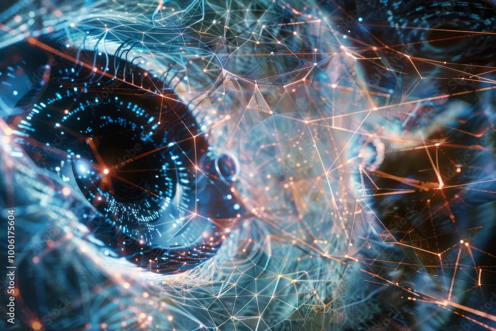 Poster exploring the intricate connections of neurons and technology within a digital eye, symbolizing the 