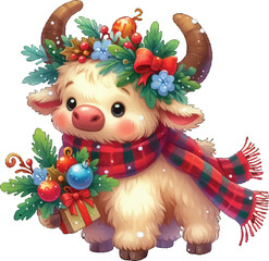 Fototapeta premium Christmas Funny Cartoon illustration of cute Buffalo