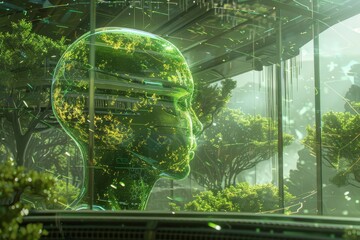 Futuristic humanoid figure encased in green foliage, surrounded by a lush, vibrant environment in a serene, high-tech setting. Generative AI
