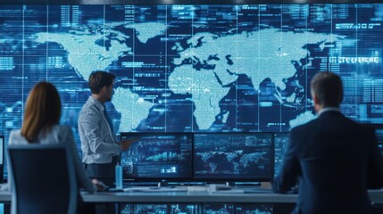 A global business team discussing international logistics and supply chain solutions in a modern office setting