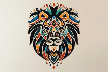 Minimalist lion head with colorful tribal decorations.