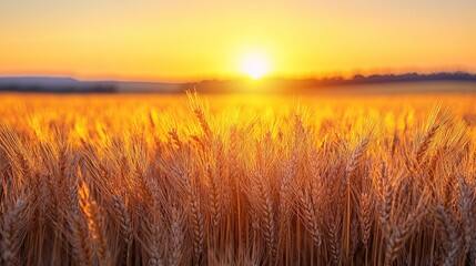 Fototapeta premium A detailed close-up panoramic view of golden wheat fields gently swaying in the breeze under a clear azure sky during a vibrant sunset. Warm sunlight casts a golden glow over the landscape.