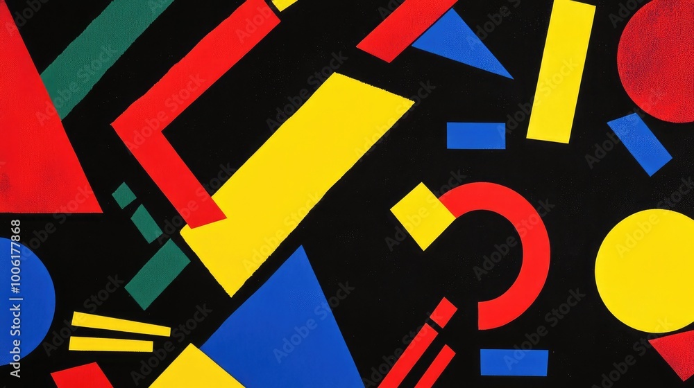 Poster bold geometric shapes in primary colors scattered across a deep black background, creating a sharp, 