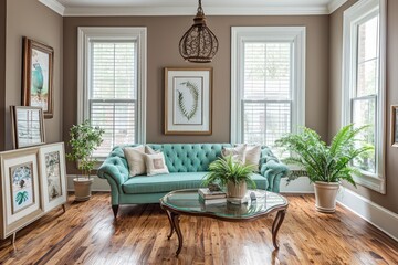 An elegant living room with hickory wood floors, taupe walls, and a turquoise sofa A kidney-shaped glass coffee table, ivory frames, and potted ferns An ornate bronze pendant light