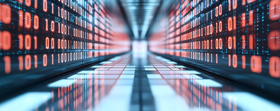 A grid of binary data floating across a glass screen, front view, reflecting a futuristic information network, digital tone, black and white
