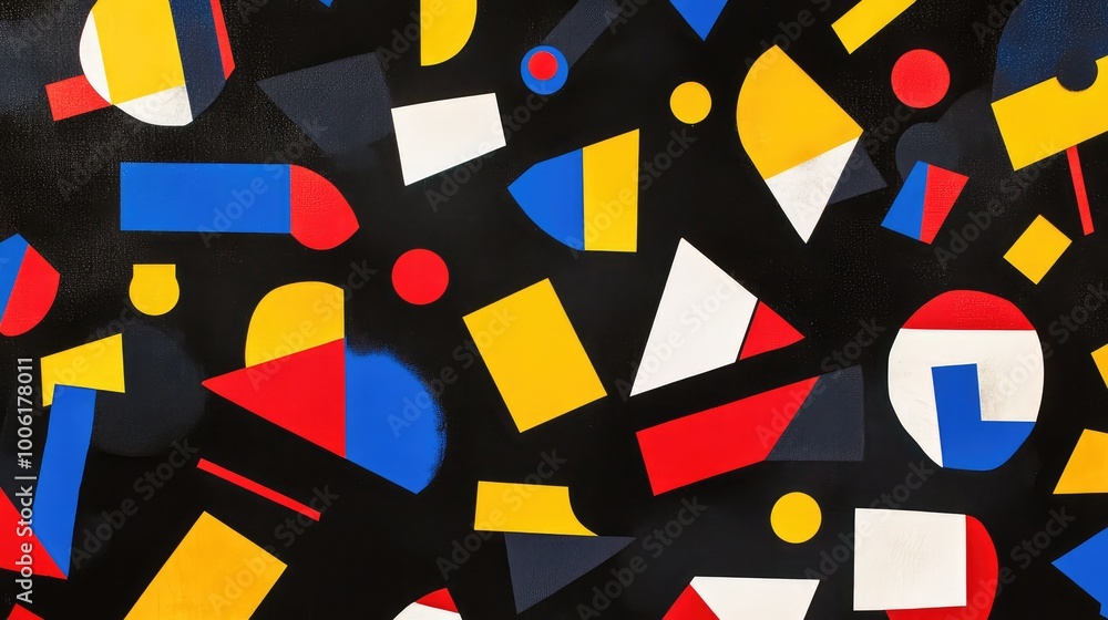 Poster bold geometric shapes in primary colors scattered across a deep black background, creating a sharp, 