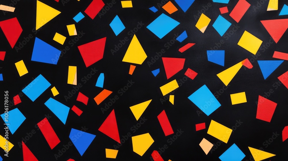 Poster bold geometric shapes in primary colors scattered across a deep black background, creating a sharp, 