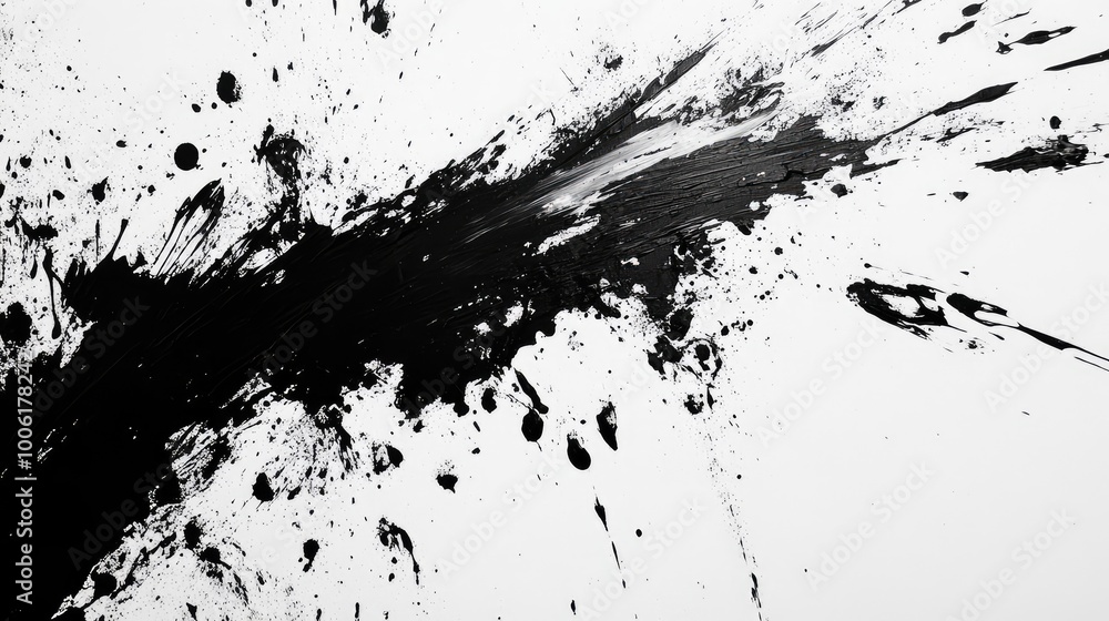Poster bold splashes of black ink spreading across a white canvas, creating a sharp contrast and an energet