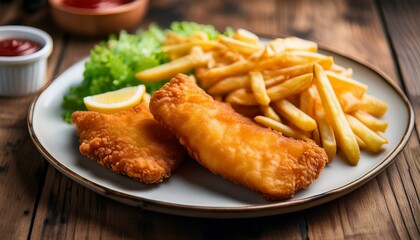 A delicious plate of two golden battered fish fillets served with crispy french fries on a rustic wooden background, creating a mouthwatering meal.