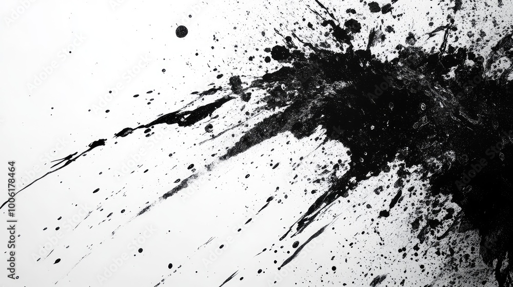 Poster bold splashes of black ink spreading across a white canvas, creating a sharp contrast and an energet