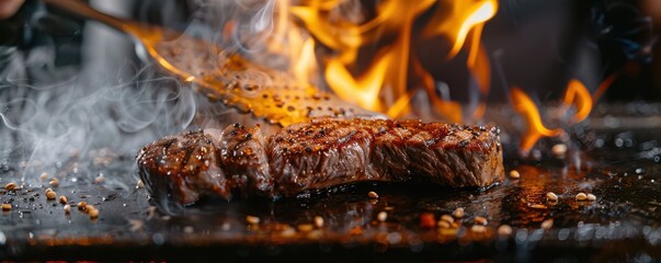 Grilled beef teppanyaki cooking on hot iron griddle with flames and sesame seeds.