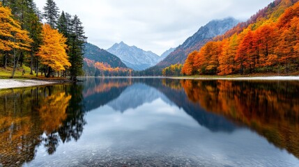 Obraz premium A peaceful lakeside scene with a dense forest on one side and towering mountains in the background, the water reflecting the vivid colors of the landscape