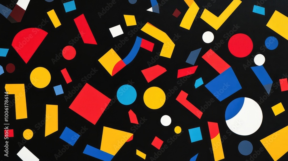 Poster bold geometric shapes in primary colors scattered across a deep black background, creating a sharp, 