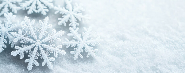 Delicate snowflakes on snow, white isolated background.