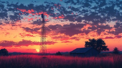 Sunset over Field with Tower and Barn
