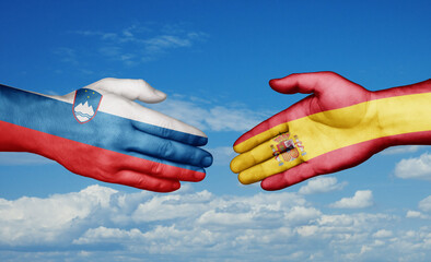 Spain and Slovenia country handshaking with flags, consensus concept international co-operation illustration