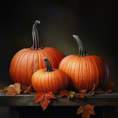 Three Pumpkins with Autumn Leaves on a Rustic Table

