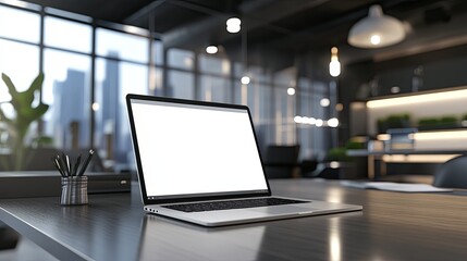 A modern office space featuring a laptop on a desk with a city view, emphasizing productivity and technology.