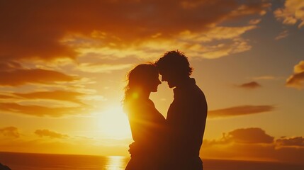 Fototapeta premium A couple sharing a sunset embrace, symbolizing a promise to stay together, couple promise, eternal love