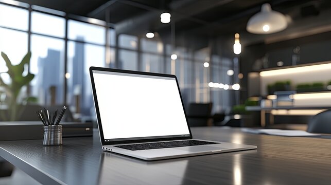 A modern office space featuring a laptop on a desk with a city view, emphasizing productivity and technology.