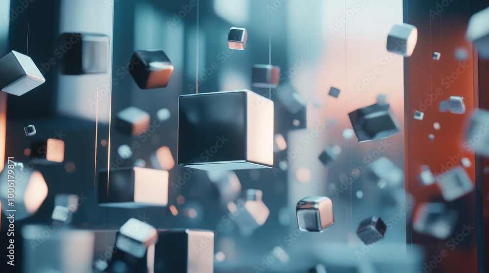 Poster dynamic 3d abstract supplies, deconstructed into basic shapes like cubes and spheres, creating a fut