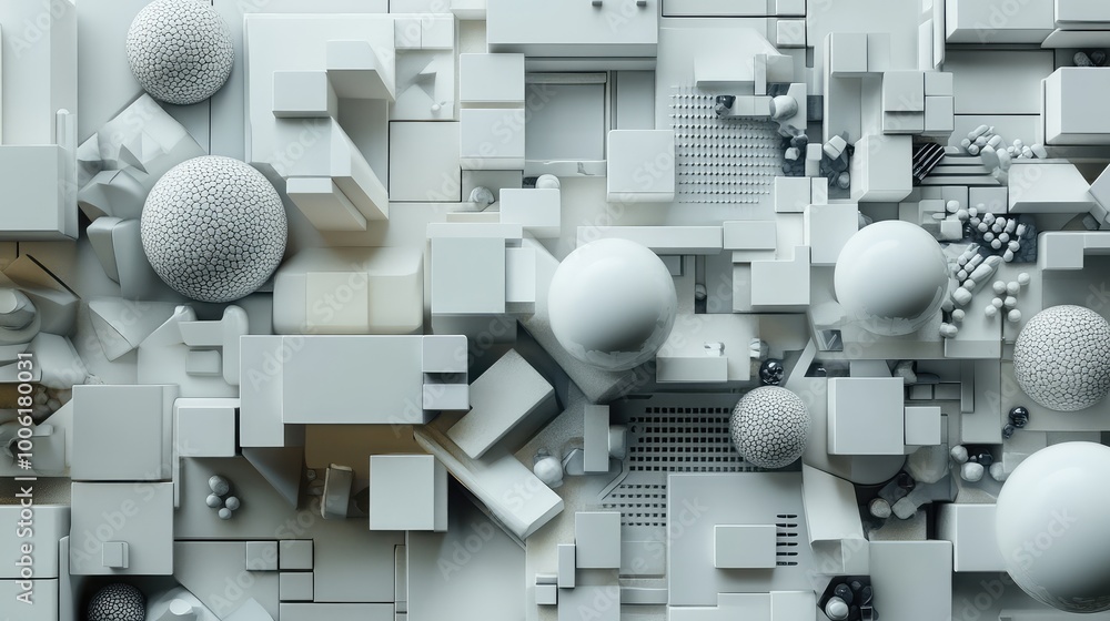 Poster dynamic 3d abstract supplies, deconstructed into basic shapes like cubes and spheres, creating a fut