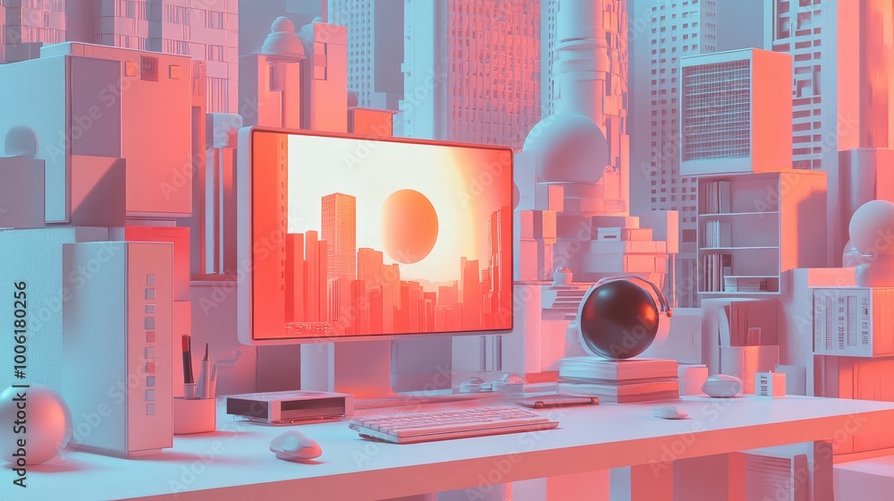 Poster dynamic 3d abstract supplies, deconstructed into basic shapes like cubes and spheres, creating a fut
