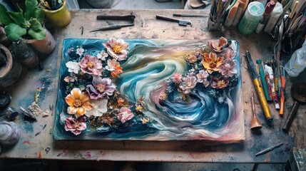 A beautifully detailed resin art piece featuring swirling colors and embedded flowers, set on a worktable surrounded by tools and materials, highlighting the beauty and creativity of the hobby