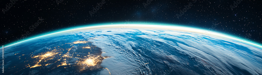 Wall mural earth's beautiful curve seen from space, starry backdrop, vast.
