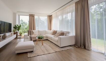 a modern white living room interior. Showcase the beauty of the room with large, billowing curtains on the window that bring in soft natural light.