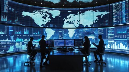 A global finance team analyzing international stock markets in a sleek office space, large screens displaying real-time data