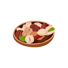 Nuts in bowl. Walnuts, hazelnuts and coconut. Healthy vegan snack pistachios, chestnuts and almond, cashews and peanuts. Different superfood. Natural food in plate vector cartoon isolated illustration