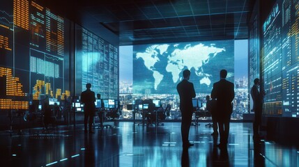 A global finance team analyzing international stock markets in a sleek office space, large screens displaying real-time data